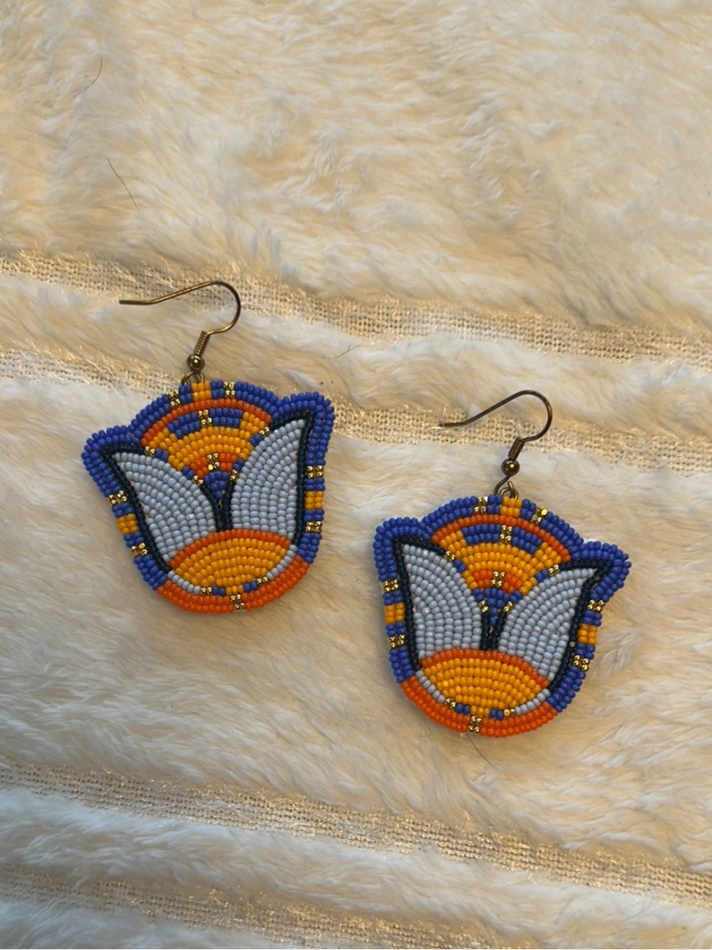 Handmade Beaded Tulip Earrings in Blue, Orange & White